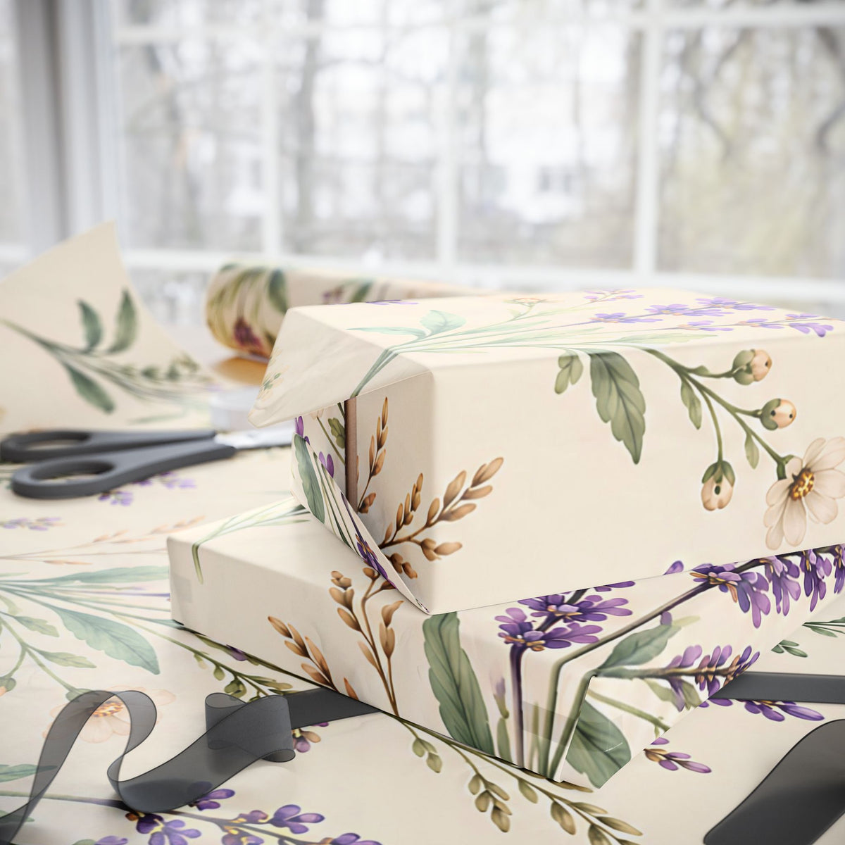 Lavender & Daisy Floral Wrapping Paper Roll — Botanical Gift Wrap for Birthdays, Weddings & Spring Celebrations
