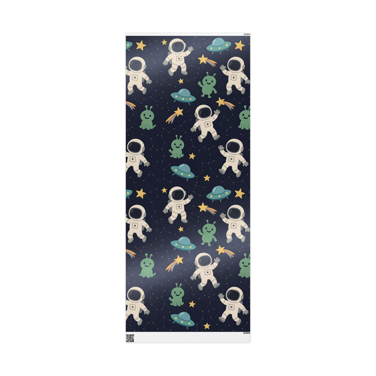Space Explorers Wrapping Paper – Astronauts, Aliens & UFOs on Navy Starry Sky