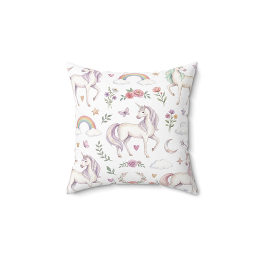 Unicorn Pattern Polyester Pillow — Pastel Rainbows & Floral Square Cushion