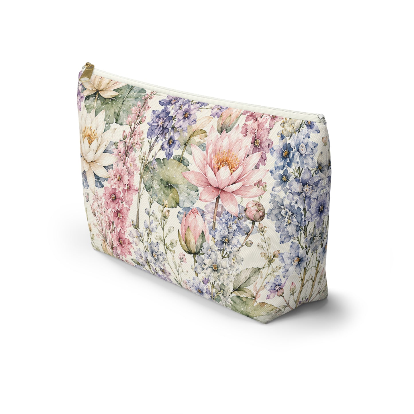 Floral Watercolor Accessory Pouch — Garden Lotus Makeup Bag