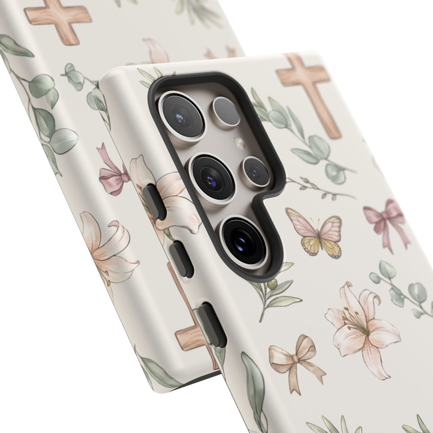 Floral Cross Tough Phone Case — Pastel Butterflies & Bows Christian Design
