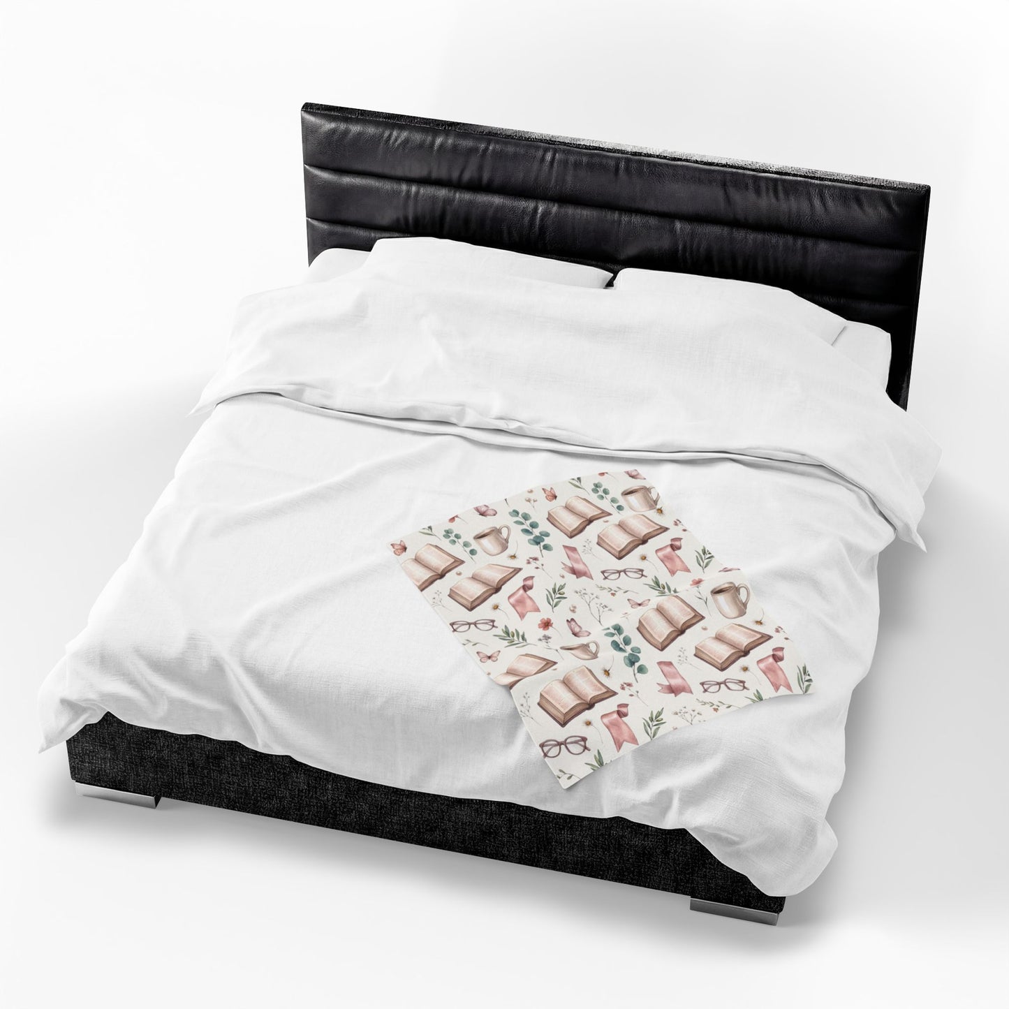 Cozy Reading Velveteen Blanket – Book, Mug & Floral Pattern Plush Throw