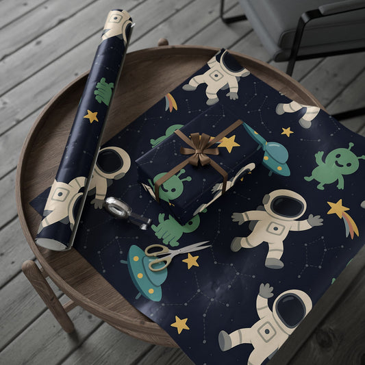 Space Explorers Wrapping Paper – Astronauts, Aliens & UFOs on Navy Starry Sky