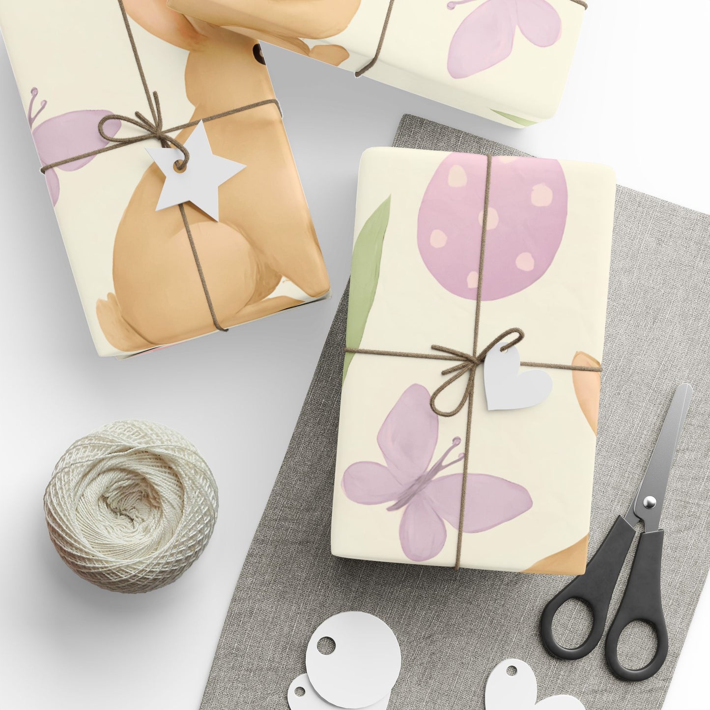 Pastel Easter Wrapping Paper – Bunnies, Eggs, Tulips & Butterflies on Cream Background