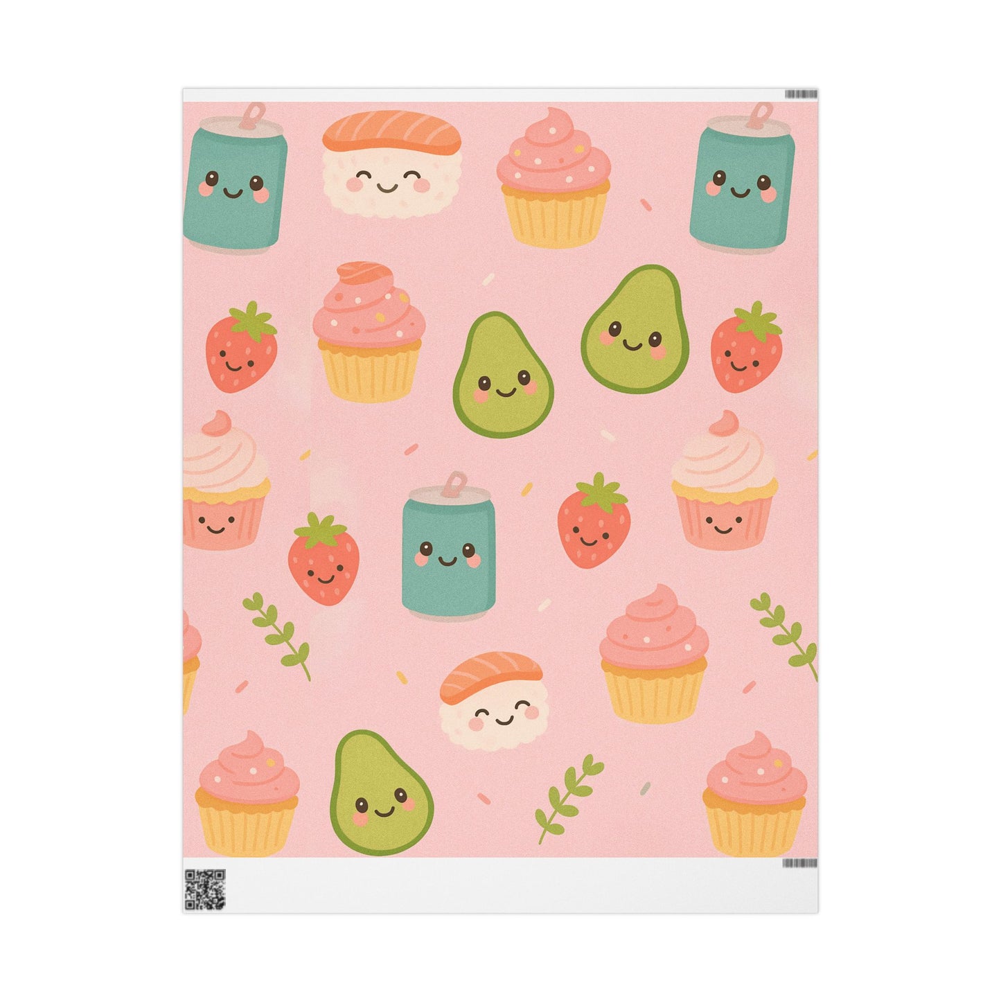 Kawaii Treats Wrapping Paper – Cute Sushi, Cupcakes, Avocados & More on Pink