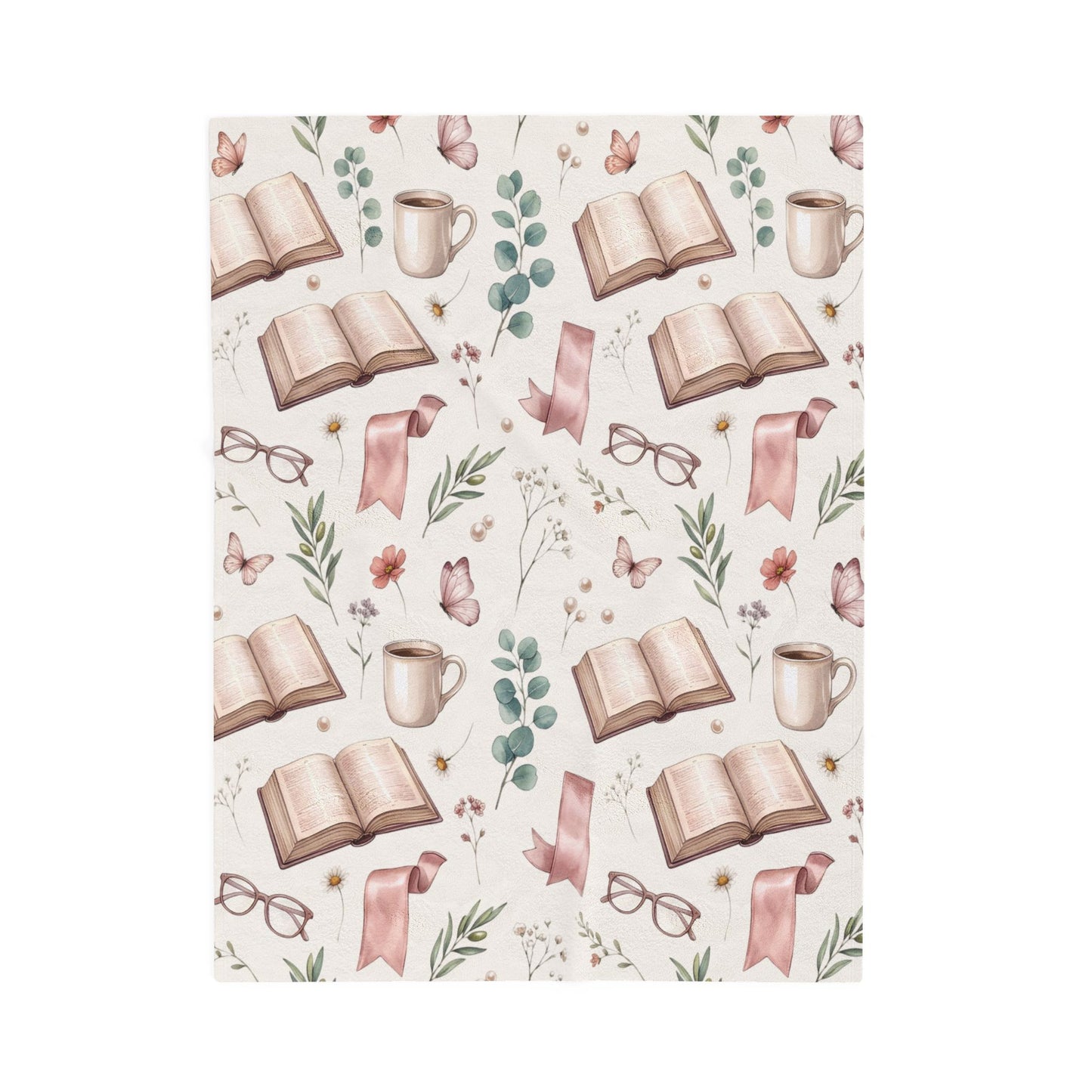 Cozy Reading Velveteen Blanket – Book, Mug & Floral Pattern Plush Throw
