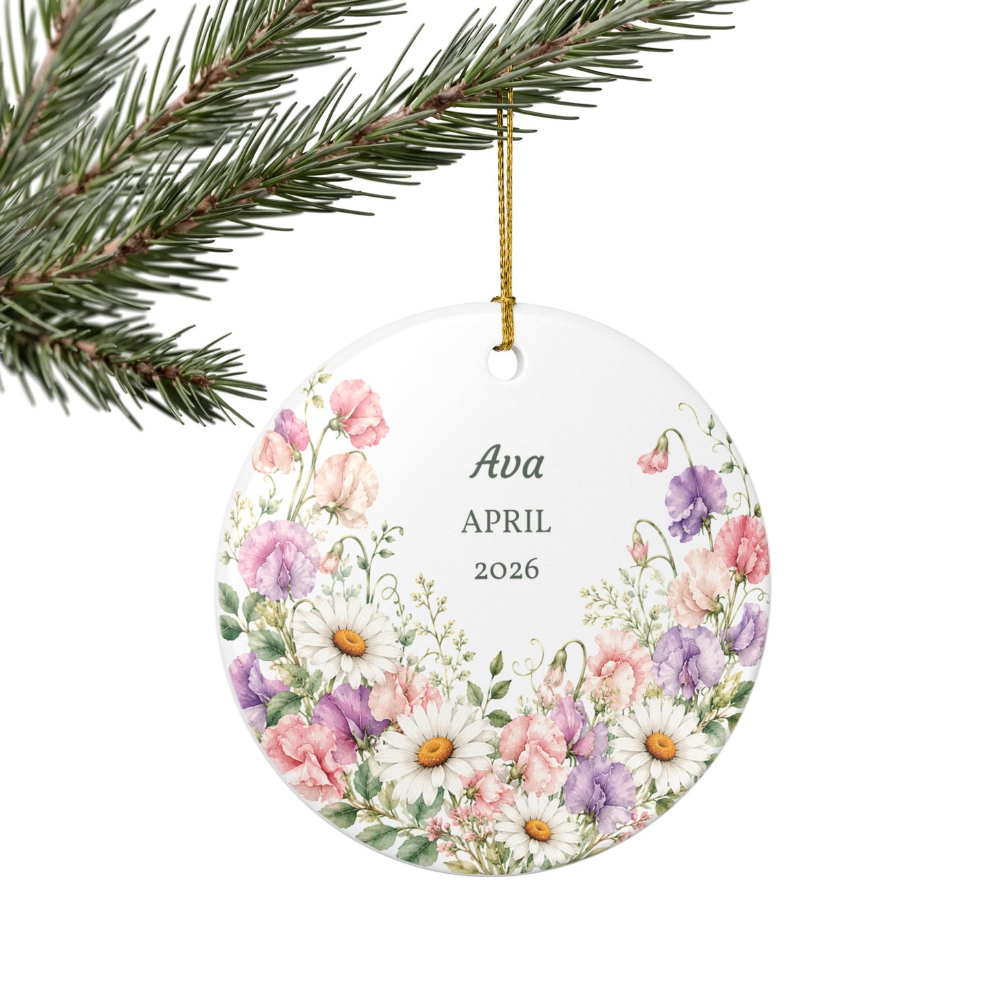 Personalized Floral Ceramic Ornament — Custom Name & Year (Daisies & Pastel Bouquet)