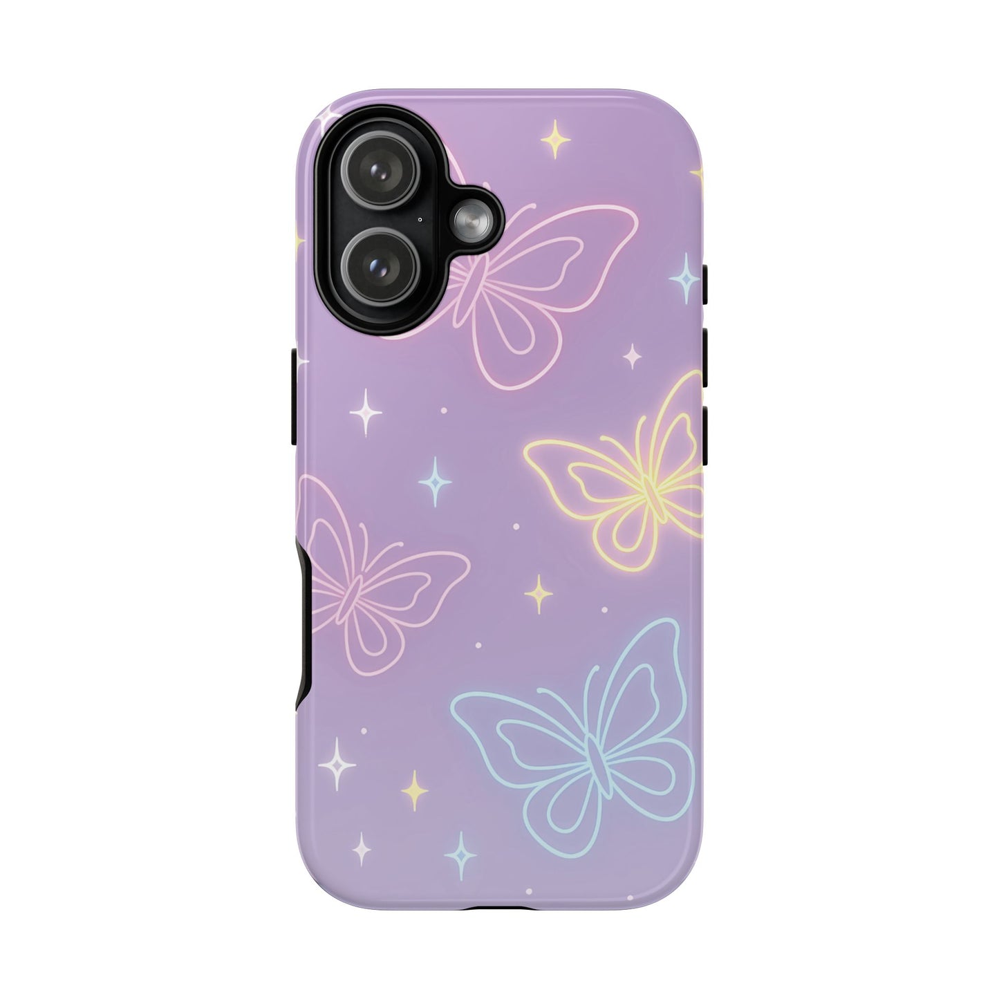 Pastel Butterfly Dream Phone Case – Purple Neon Glow with Stars