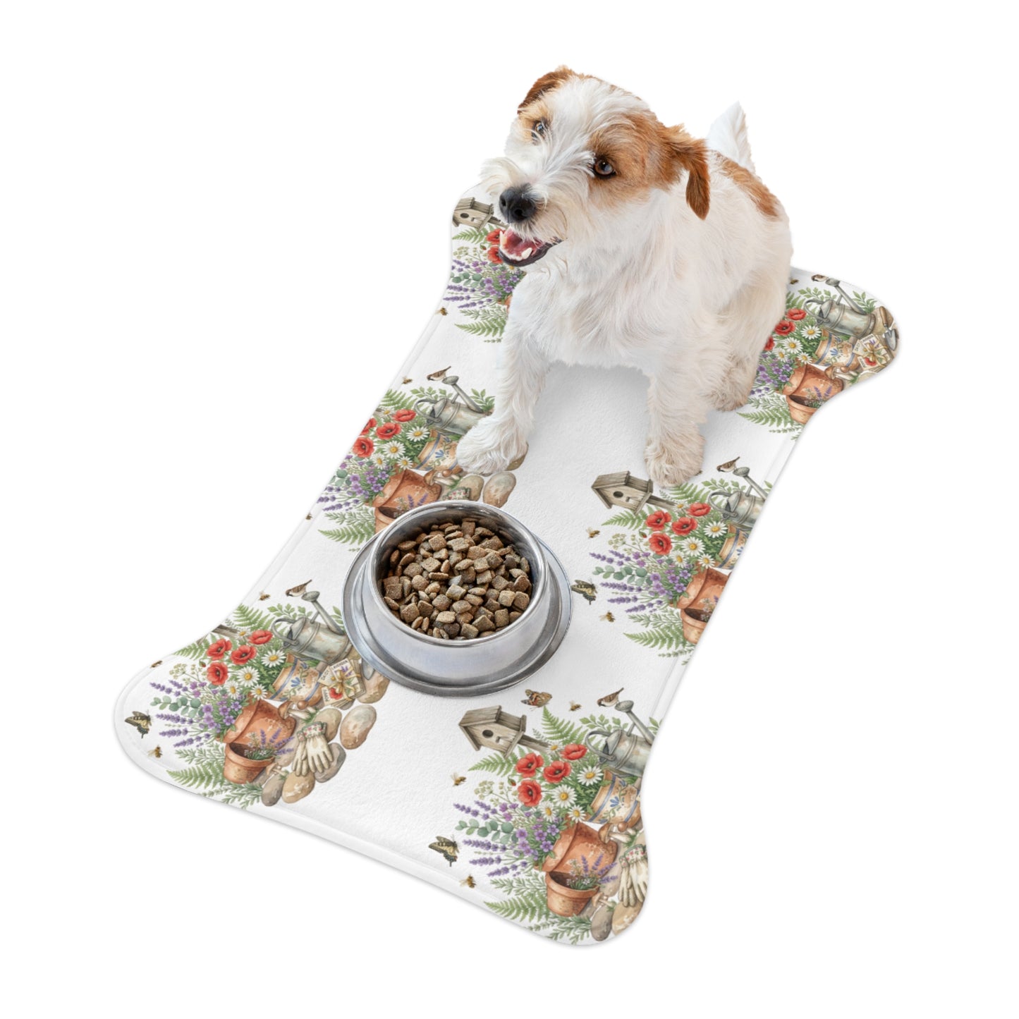 Floral Garden Pet Feeding Mat — Watercolor Birdhouse & Flowers