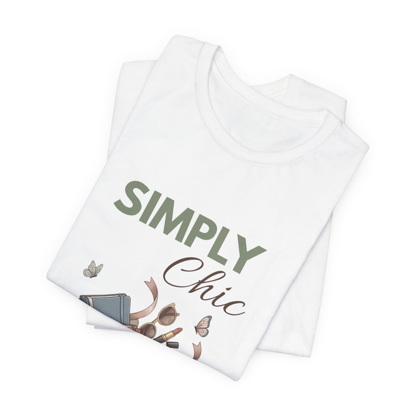 A folded white t-shirt with 'SIMPLY Chic' on the front.