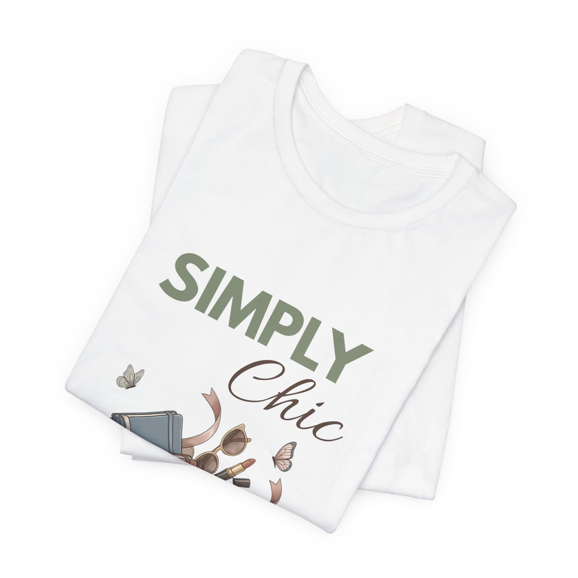 A folded white t-shirt with 'SIMPLY Chic' on the front.