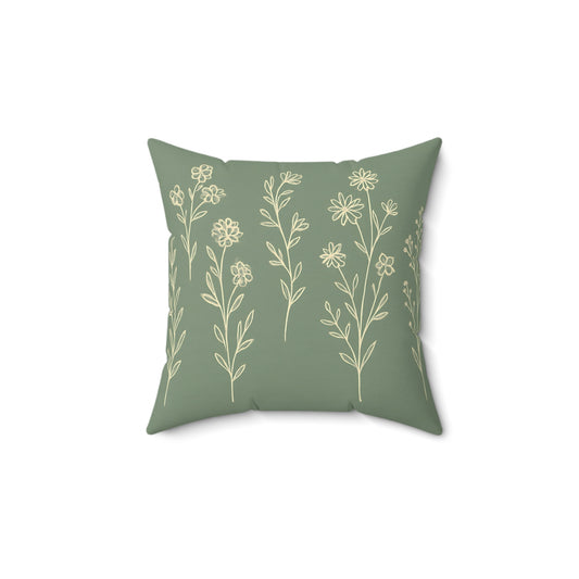 Sage Green Wildflower Throw Pillow – Minimalist Botanical Cushion with Double-Sided Print