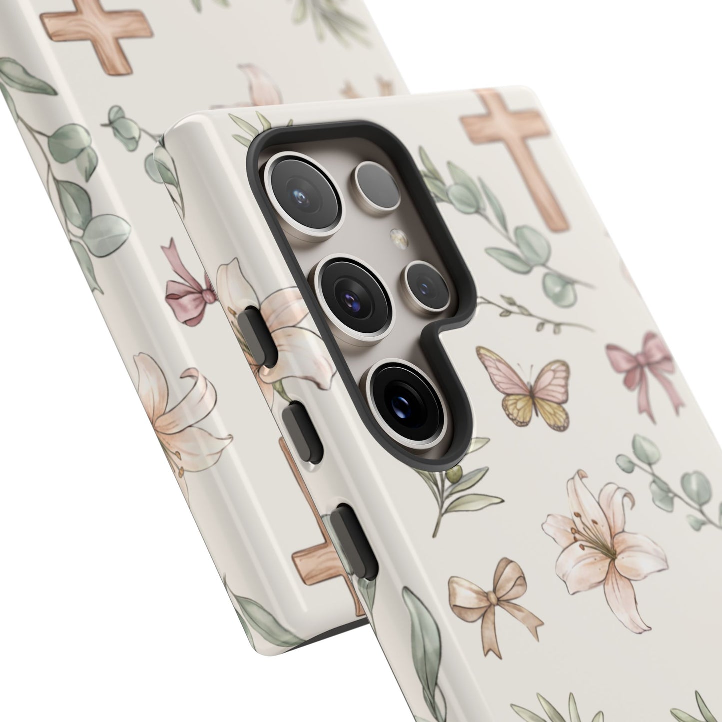Floral Cross Tough Phone Case — Pastel Butterflies & Bows Christian Design
