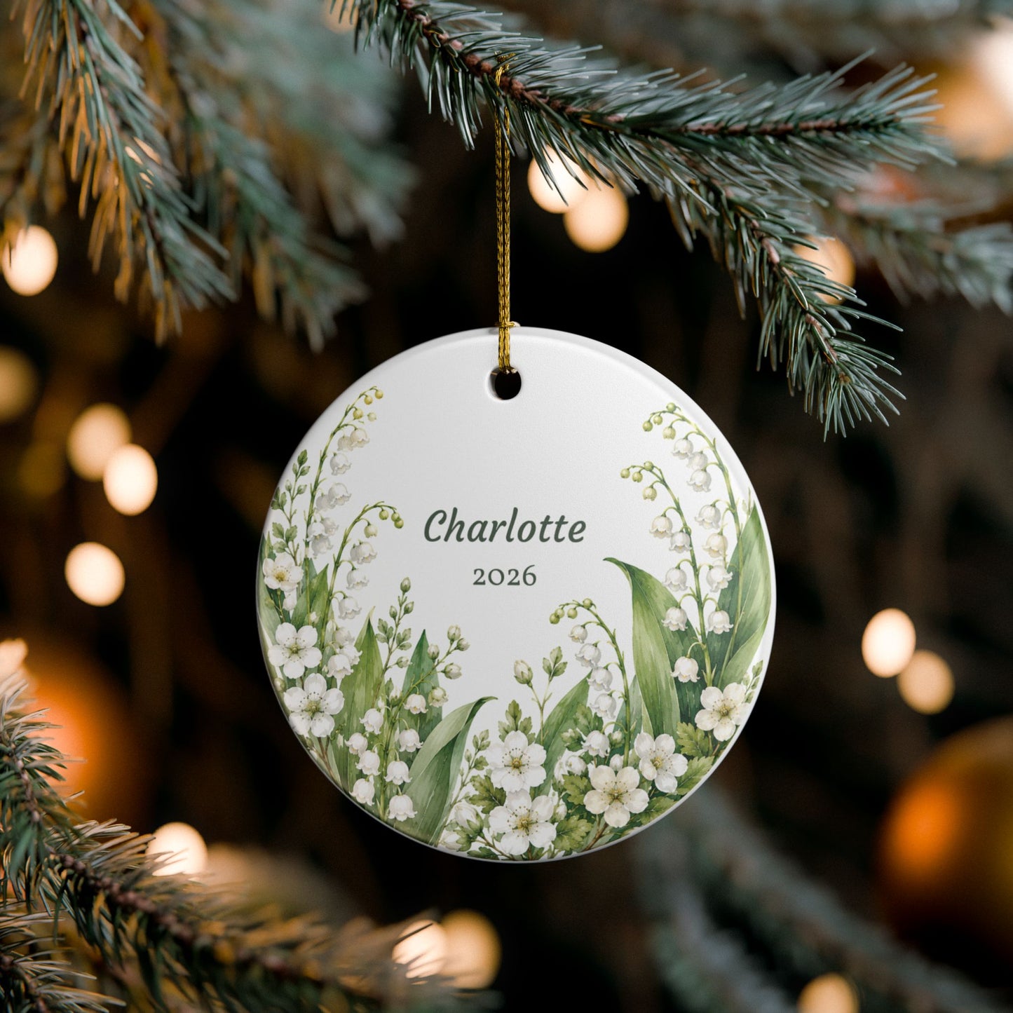 Personalized Lily of the Valley Ceramic Ornament — Custom Name & Year (e.g., Charlotte 2026)