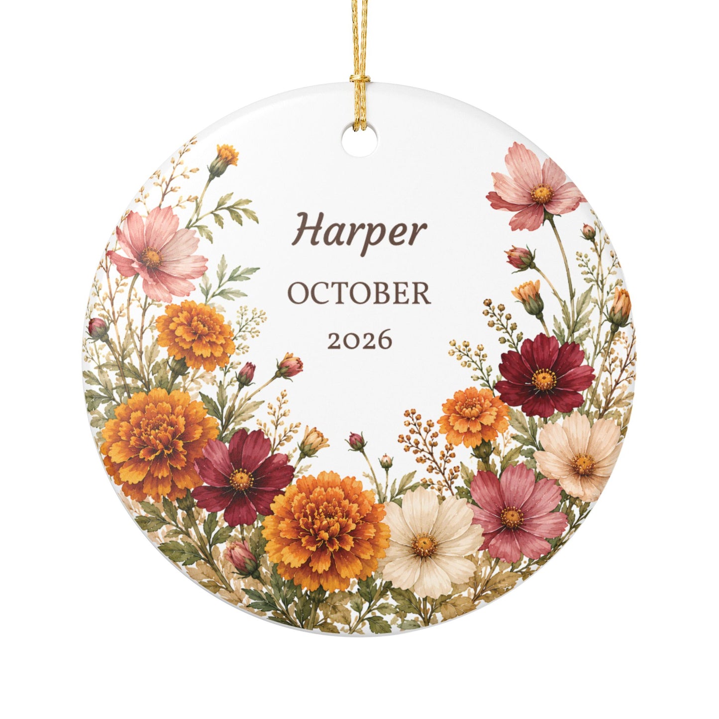 Personalized Floral Birth Month Ceramic Ornament — Custom Name & Year (October 2026)