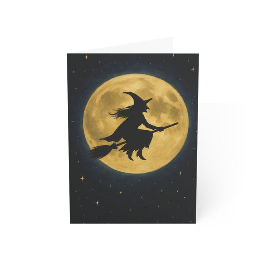 Halloween Card – Witch Flying Across the Full Moon – Premium 270gsm Greeting Card + Envelope