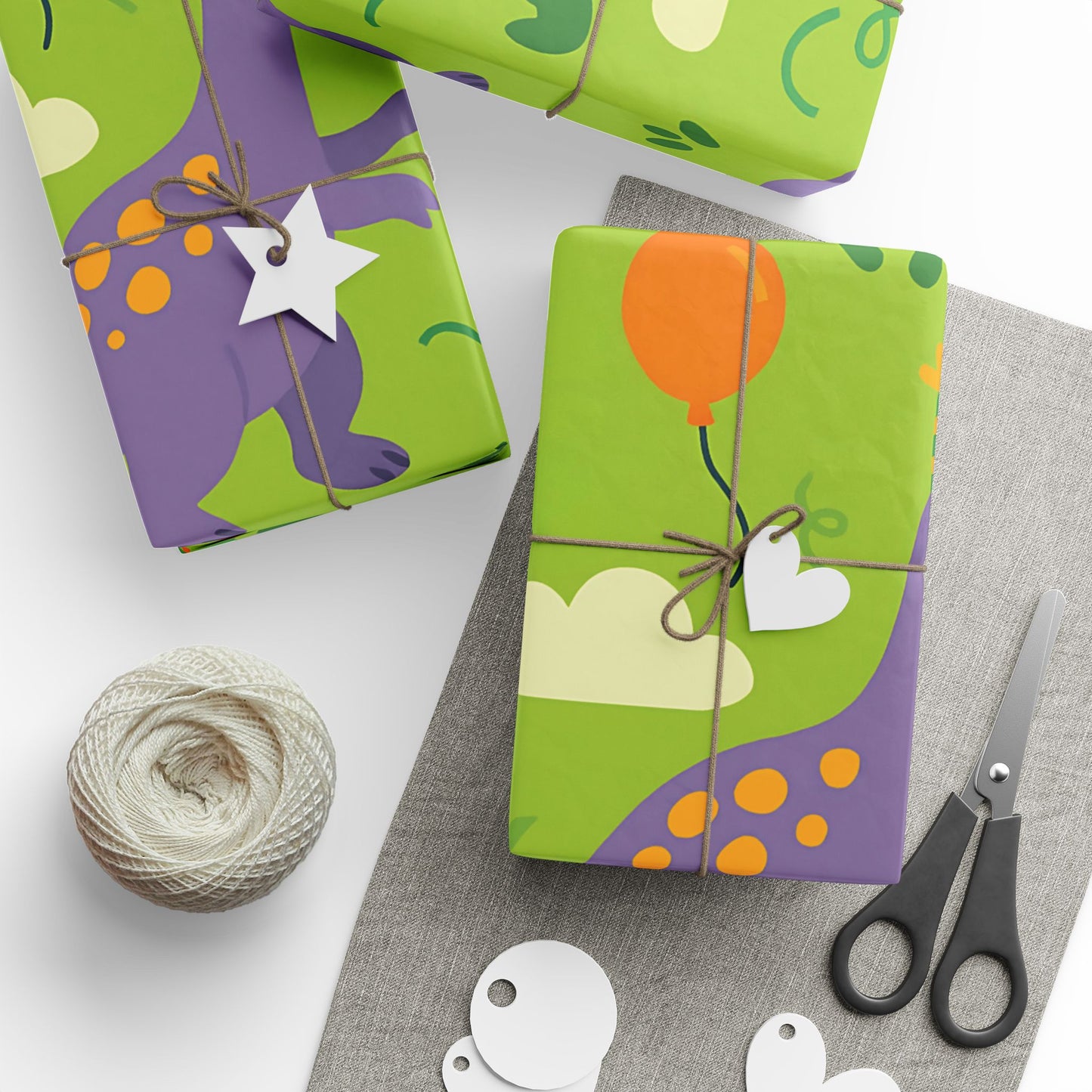Dinosaur Party Wrapping Paper – Colorful Dinos with Balloons & Hats on Green