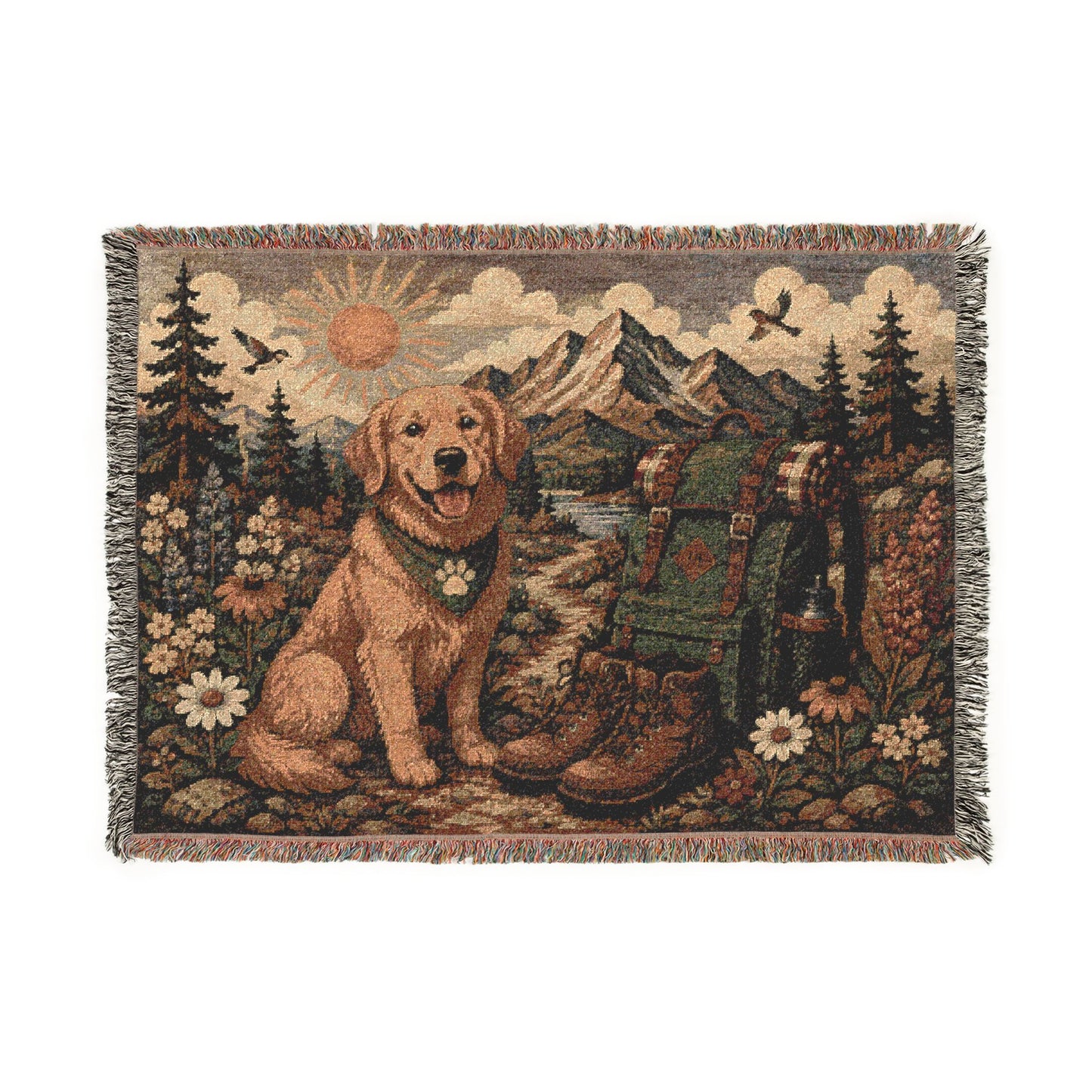 Golden Retriever Cabin Woven Blanket — Rustic Mountain Dog Throw