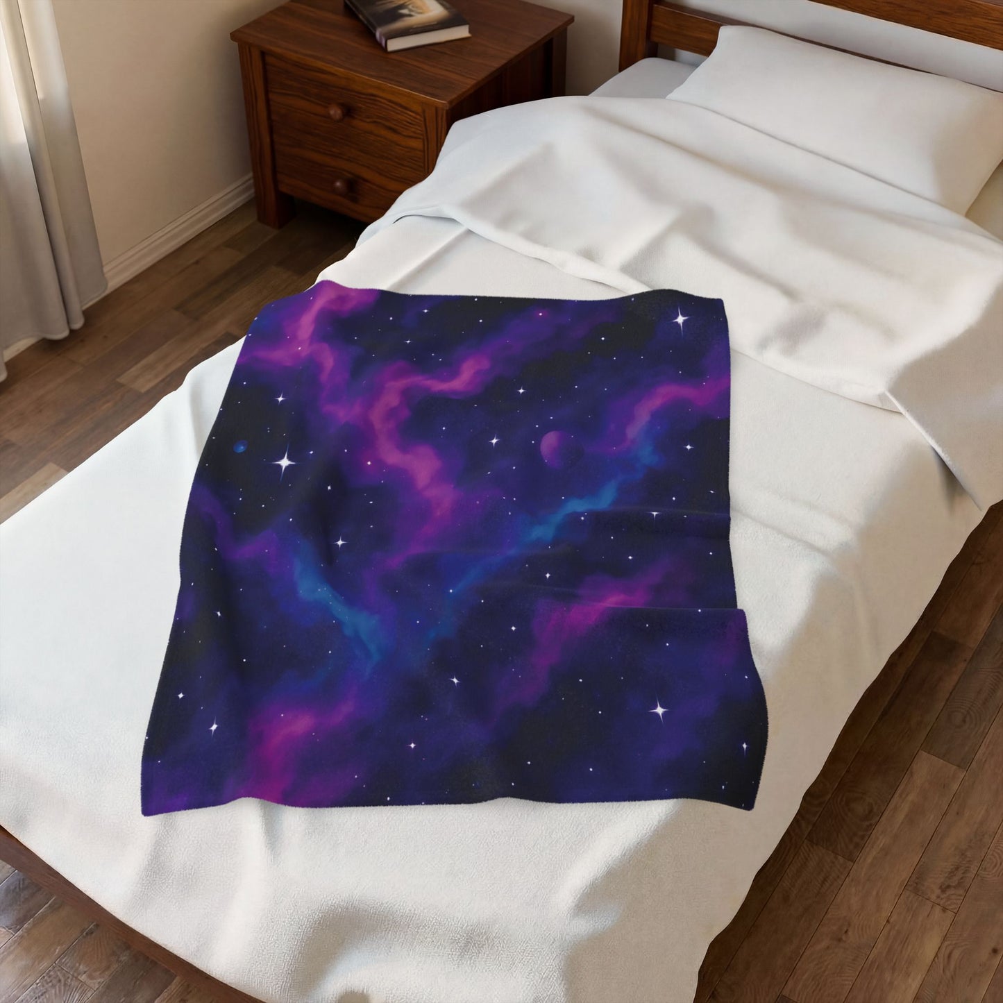Velveteen Galaxy Plush Blanket – Cosmic Nebula Print in Purple & Blue (Adult Size)