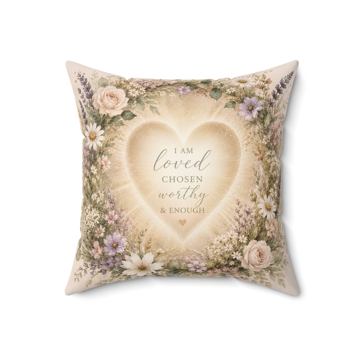 Inspirational Heart Floral Pillow – "I Am Loved, Chosen, Worthy & Enough" Decorative Throw Pillow