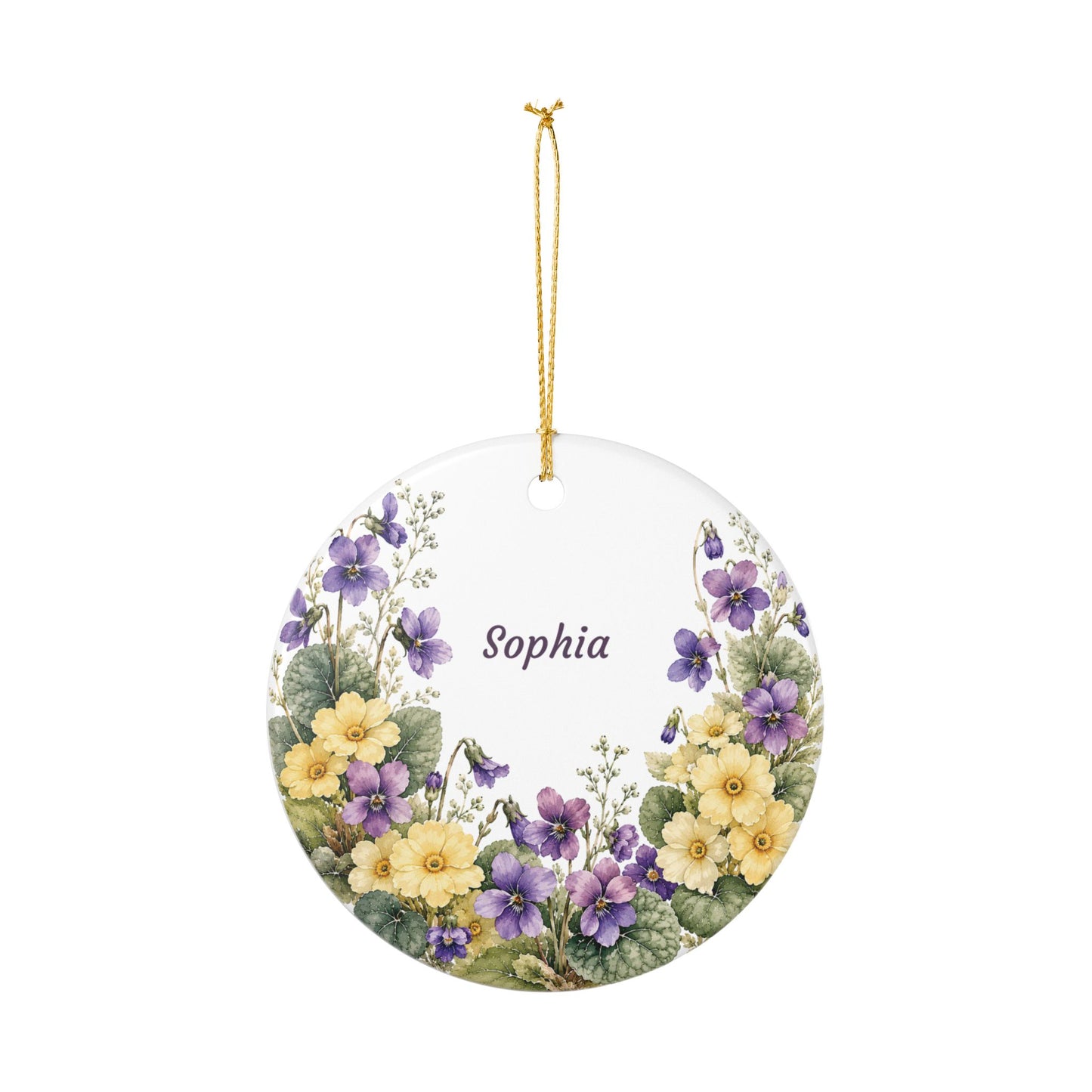 Personalized Floral Ceramic Ornament — Custom Name Violet & Yellow Flower Decoration