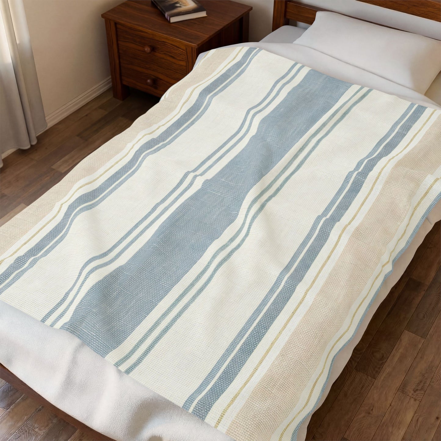 Striped Velveteen Plush Blanket — Cozy Blue & Beige Throw for Living Room or Beach
