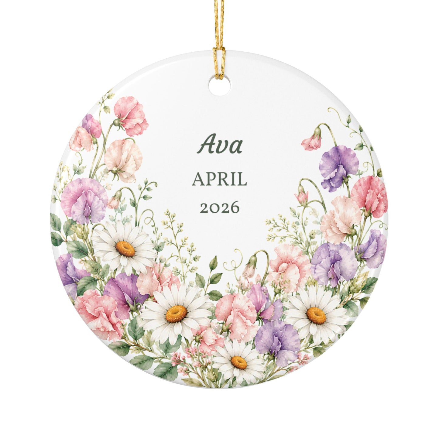 Personalized Floral Ceramic Ornament — Custom Name & Year (Daisies & Pastel Bouquet)
