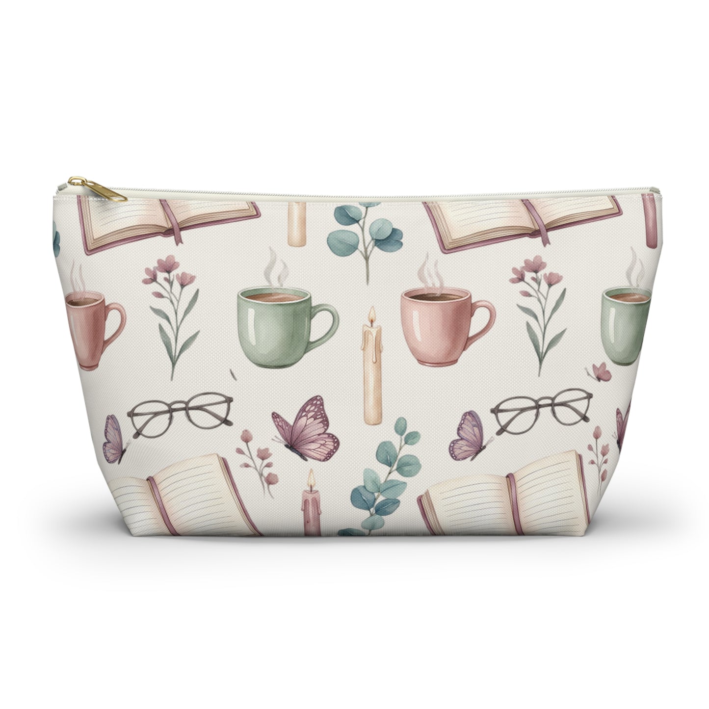 Cozy Reading Accessory Pouch — Book, Tea & Candle Pattern