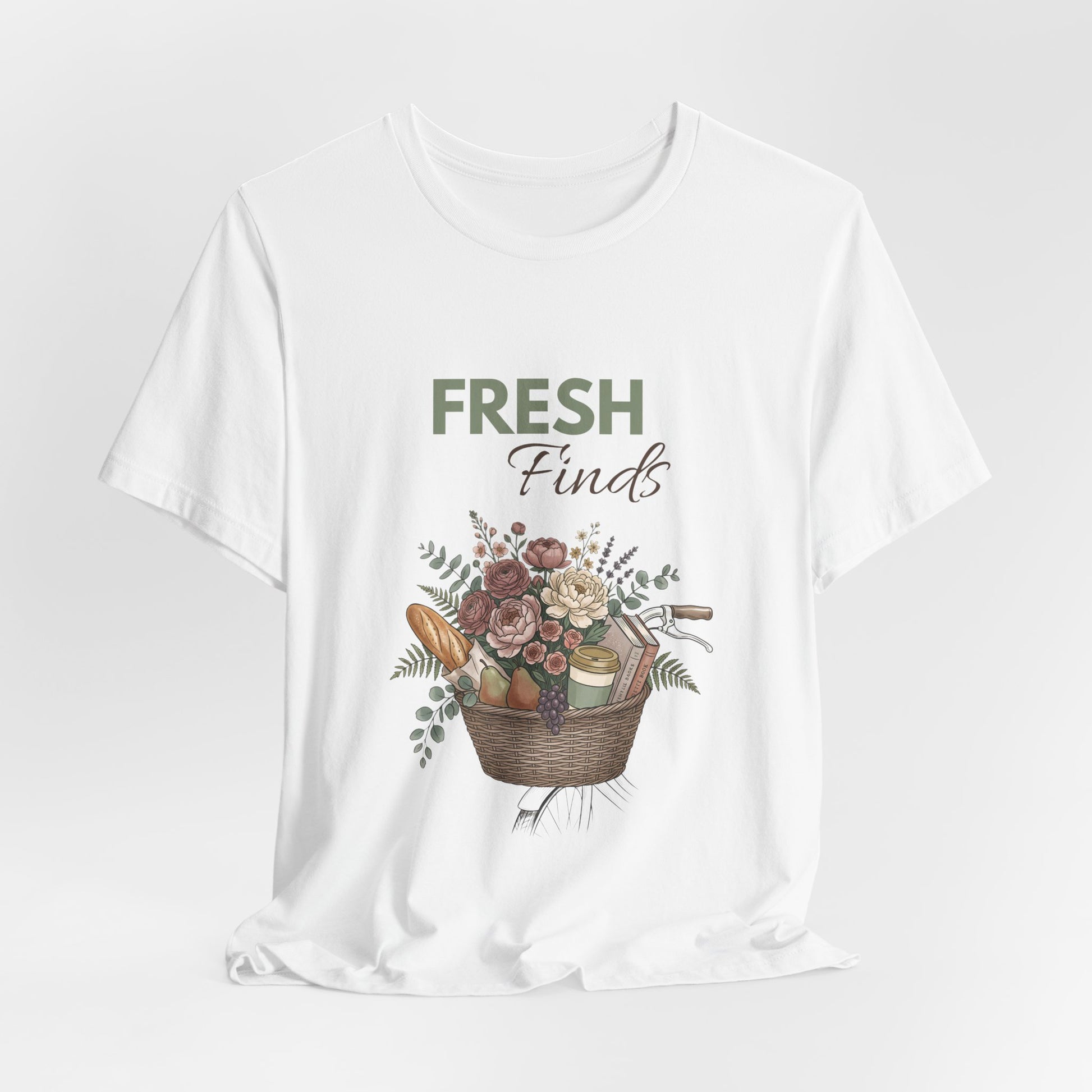 A hanging white t-shirt with 'FRESH Finds' on the front.