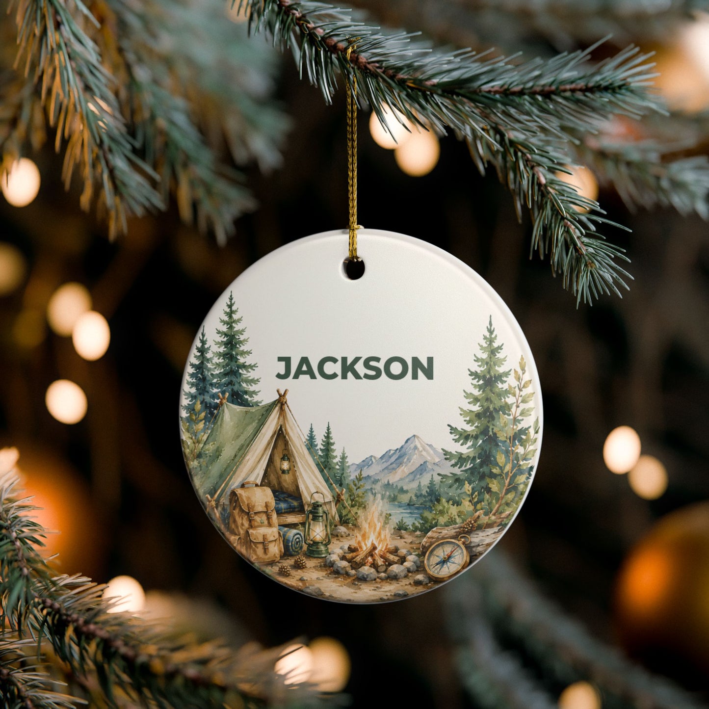 Personalized Camping Ornament — Custom Name Ceramic Holiday Decoration (Jackson)