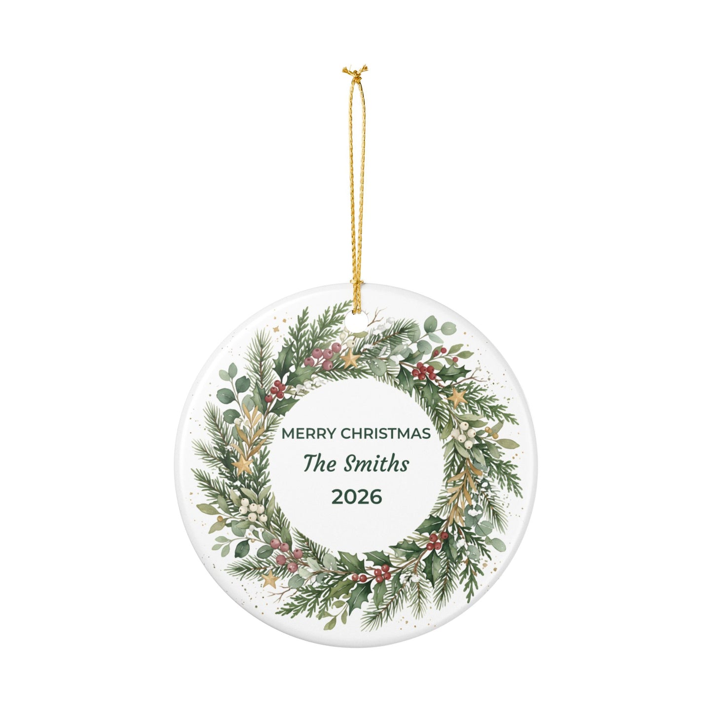 Personalized Ceramic Christmas Ornament – Green Holiday Wreath, 'Merry Christmas The Smiths'