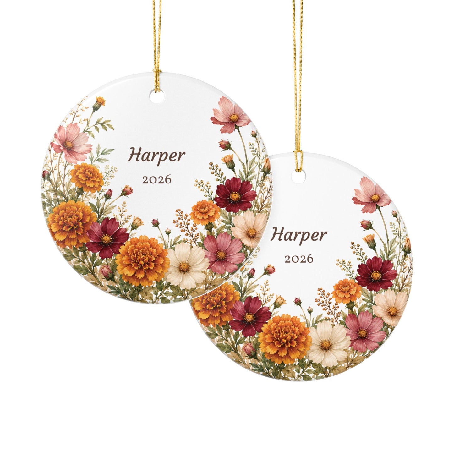 Personalized Floral Ceramic Ornament – Custom Name & Year (Autumn Bouquet)