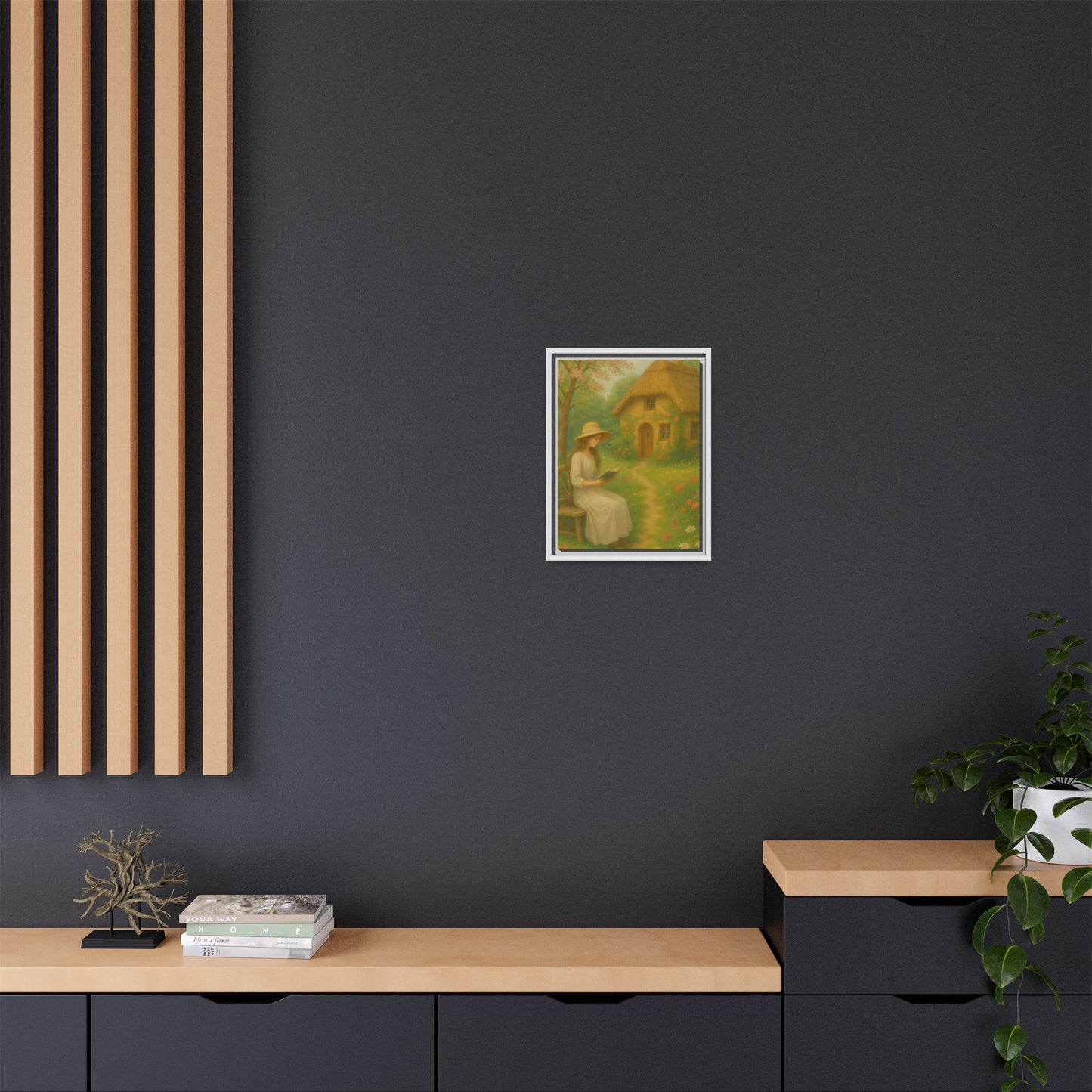 Cottage Garden Reader – Framed Matte Canvas Wall Art of Woman Reading by a Thatched Cottage