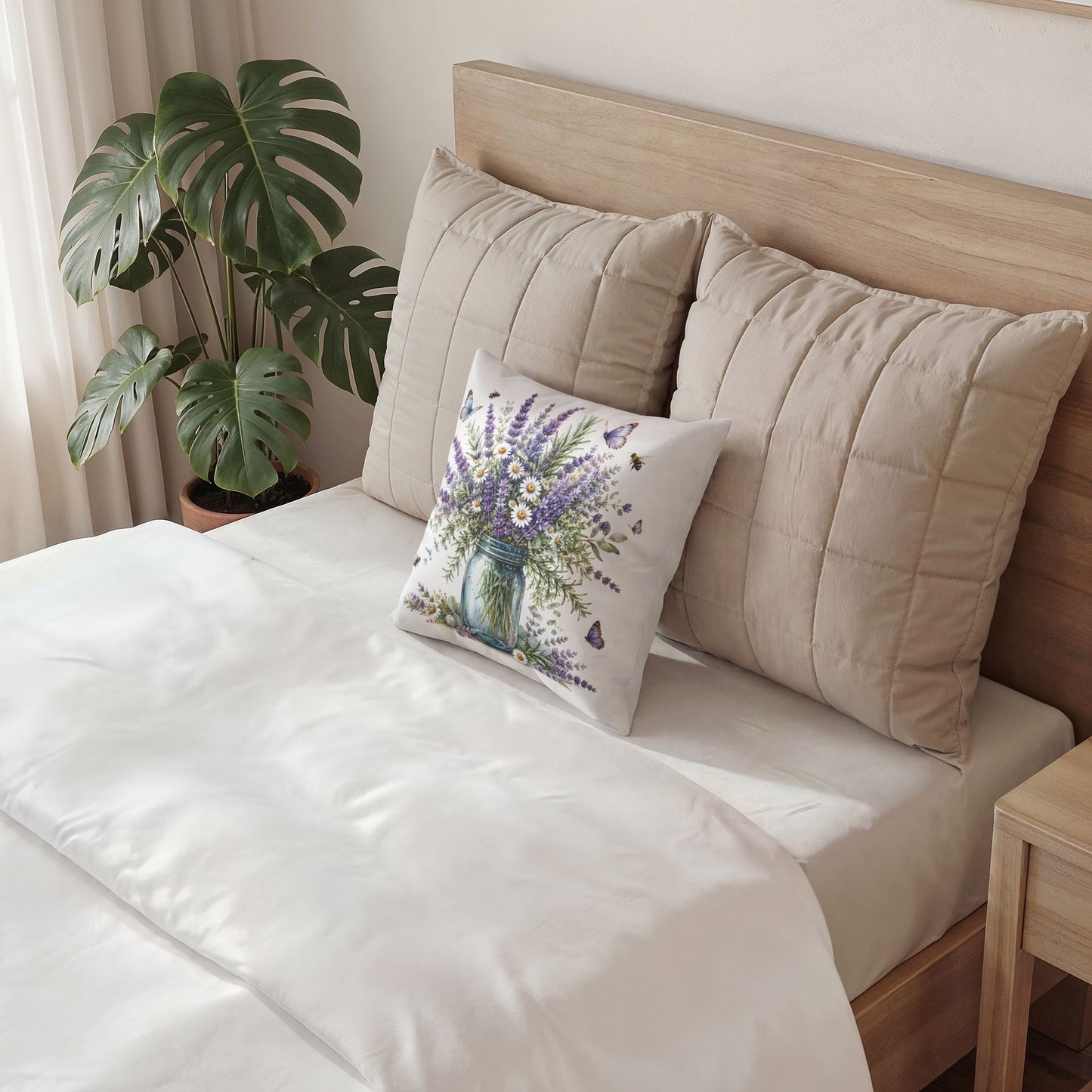 Lavender & Daisies Mason Jar Pillow — Floral Velvet Throw Cushion