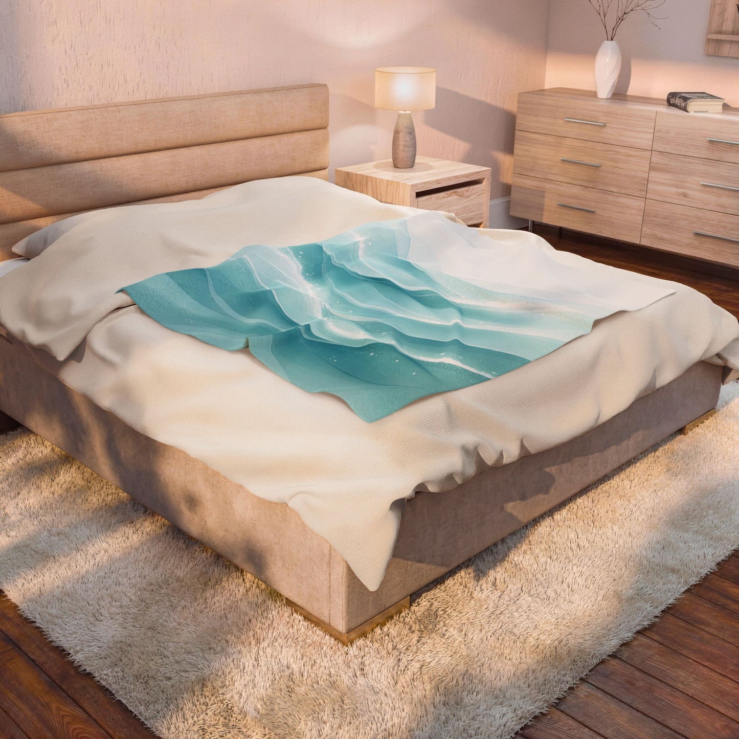Aqua Wave Velveteen Plush Blanket — Soft Ocean Blue Throw for Cozy Bedrooms & Beach House Decor