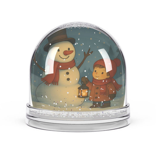 Snowman & Child Lantern Snow Globe – Whimsical Winter Scene with Two-Sided Print