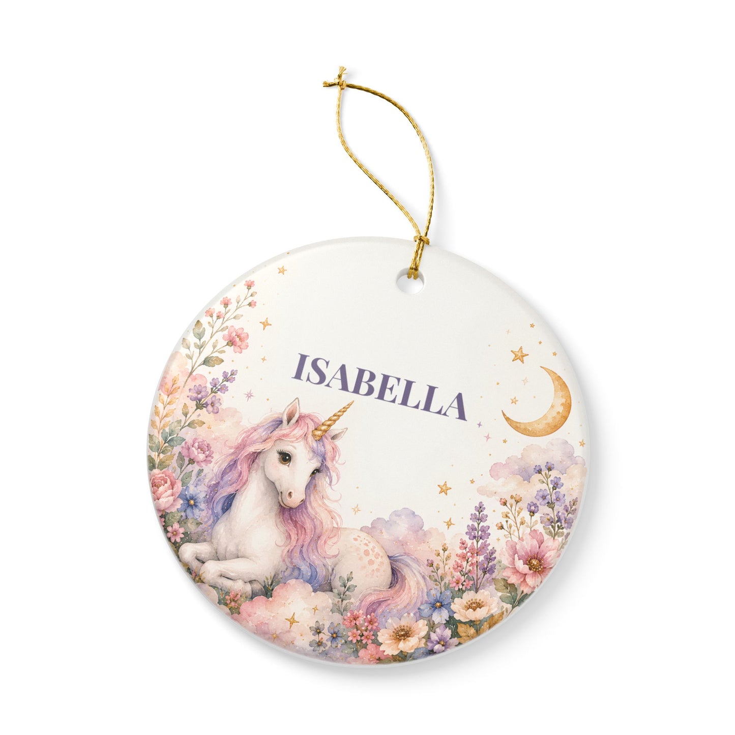 Personalized Unicorn Ornament — Ceramic Name Decoration (Isabella)