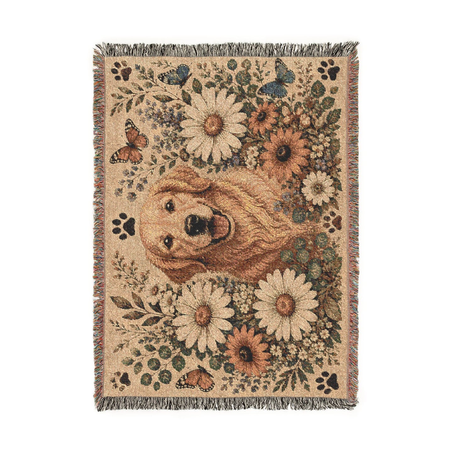 Golden Retriever Floral Woven Blanket — Cozy Throw with Daisies & Butterflies