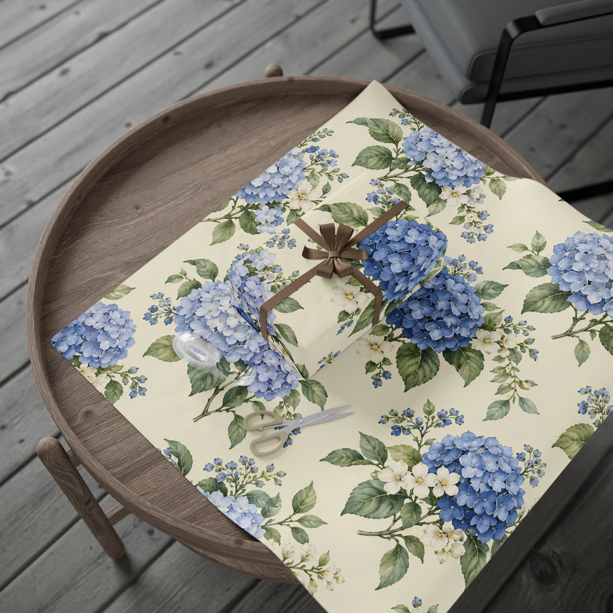 Floral Hydrangea Wrapping Paper Roll — Blue Vintage Flower Gift Wrap