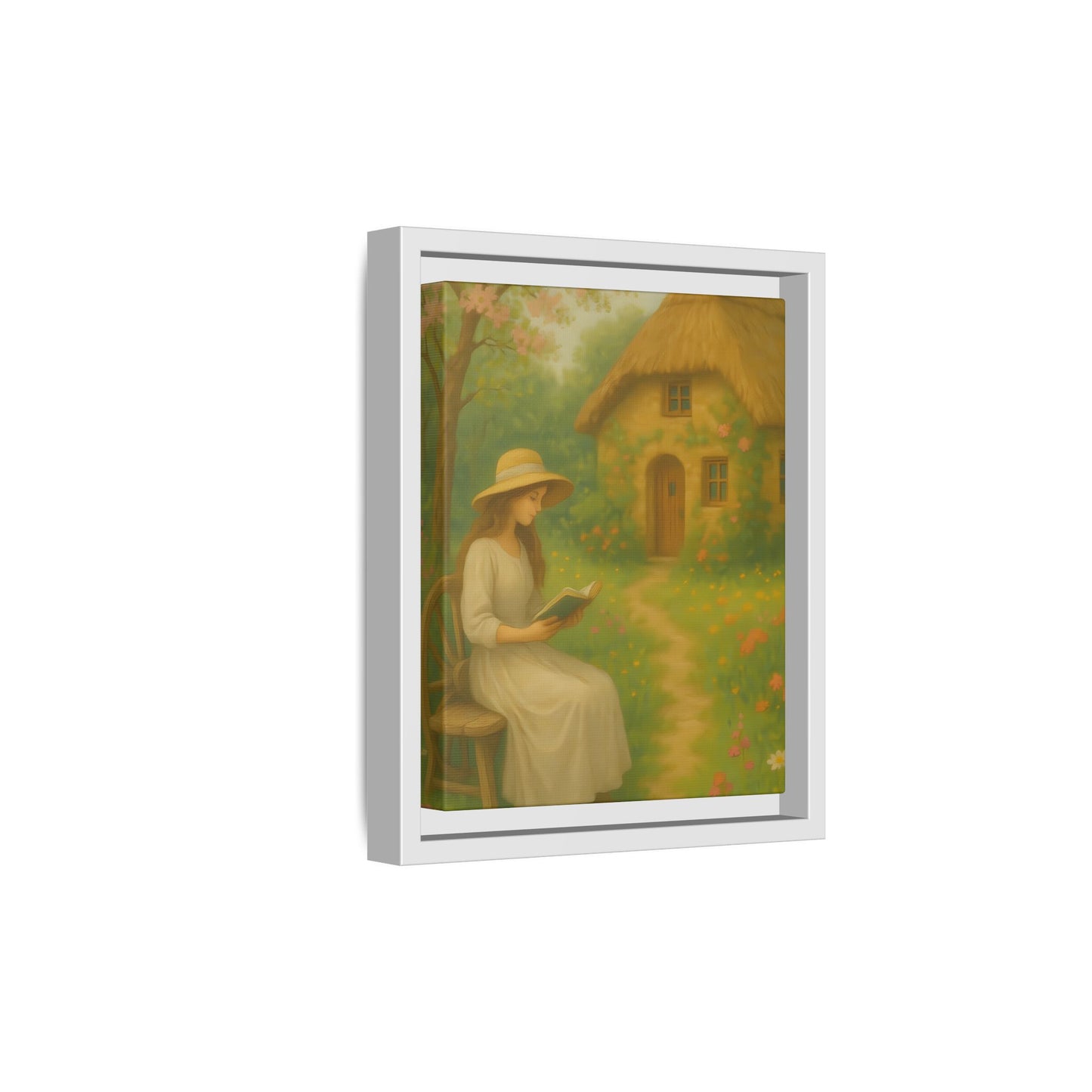 Cottage Garden Reader – Framed Matte Canvas Wall Art of Woman Reading by a Thatched Cottage