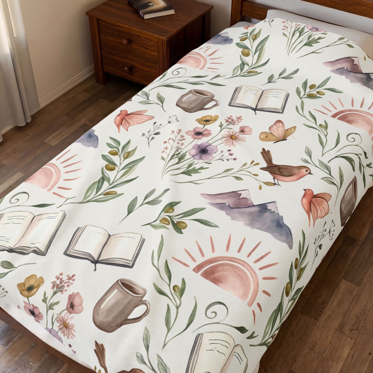 Cozy Bookish Floral Velvet Plush Blanket — Sun, Mountains & Tea Pattern