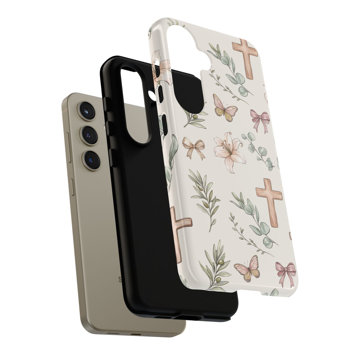 Floral Cross Tough Phone Case — Pastel Butterflies & Bows Christian Design