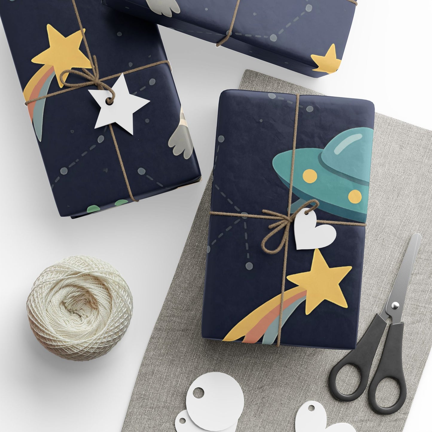Space Explorers Wrapping Paper – Astronauts, Aliens & UFOs on Navy Starry Sky
