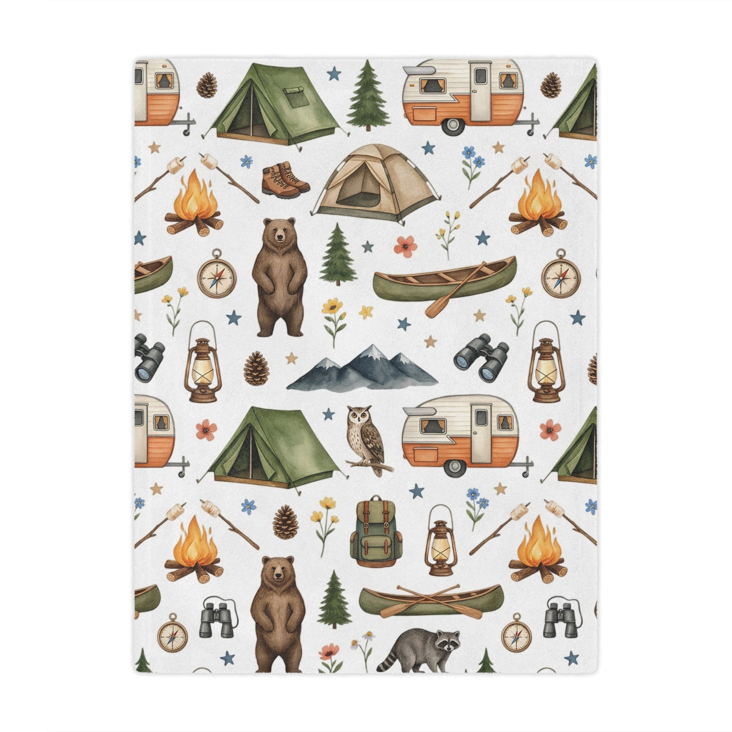 Camping Pattern Minky Blanket — Cozy Outdoor Adventure Throw with Tents, Campfire & Wildlife