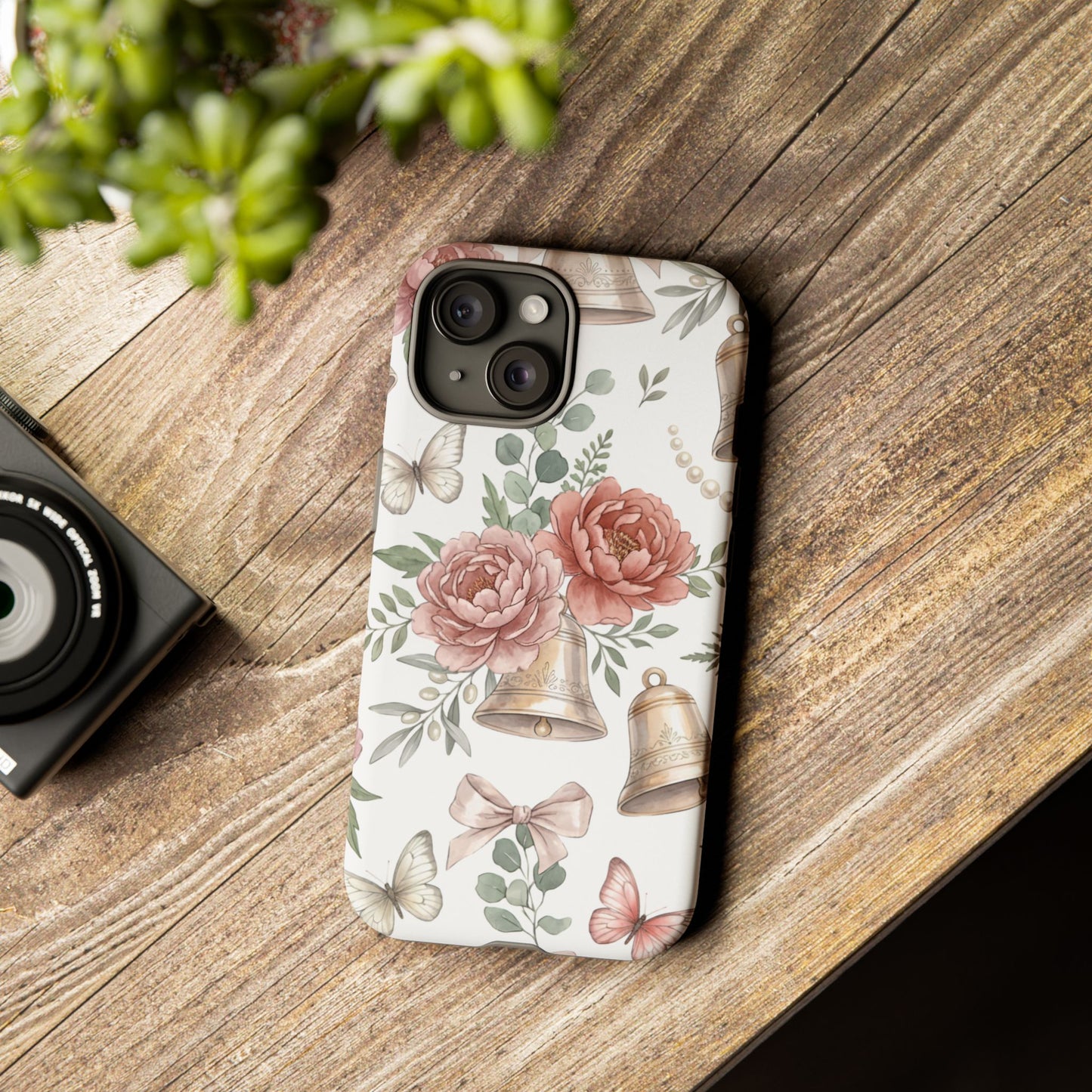 Floral Wedding Bells Phone Case — Vintage Roses, Butterflies & Bow Protective Tough Case