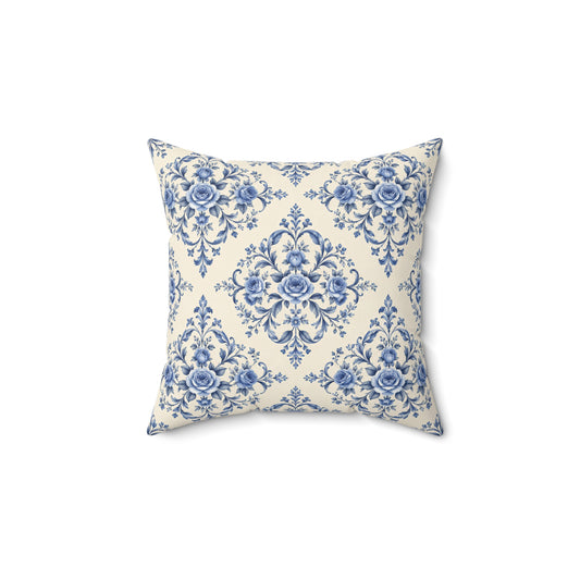 Blue Delft Floral Throw Pillow — Vintage Damask Square Accent Pillow