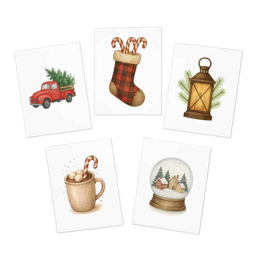 Rustic Christmas Greeting Card Set – 5 Blank Holiday Cards with Envelopes