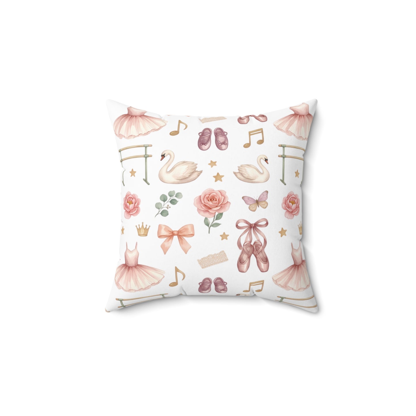 Ballet Dancer Pattern Square Throw Pillow — Pink Tutu, Ballet Shoes & Swan Decorative Cushion