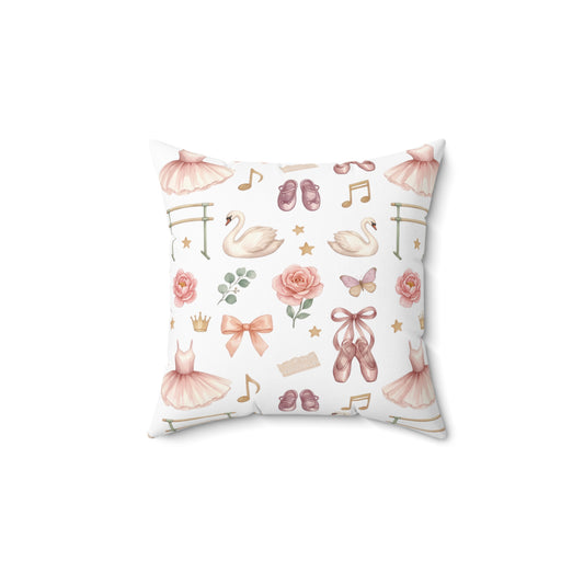 Ballet Dancer Pattern Square Throw Pillow — Pink Tutu, Ballet Shoes & Swan Decorative Cushion