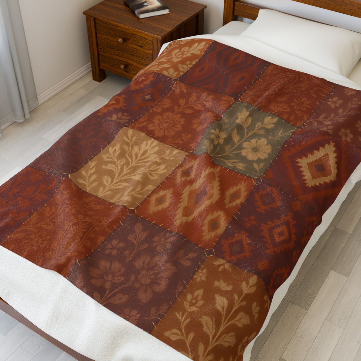 Rustic Patchwork Boho Velveteen Plush Blanket